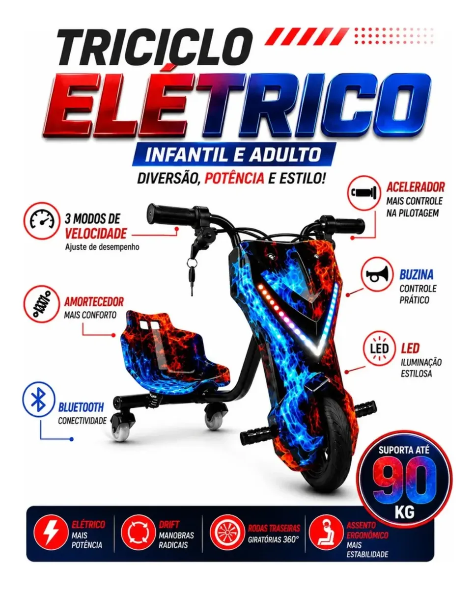 Triciclo Elétrico Drift Grande 350 W 36 V Suporta 90 kg + Brinde — foto 3