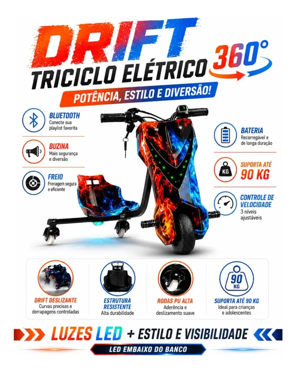 Triciclo Elétrico Drift Grande 350 W 36 V Suporta 90 kg + Brinde — foto 5